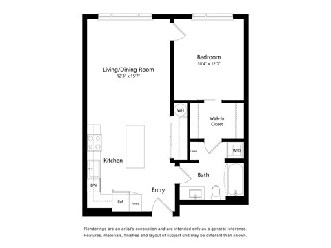 Floor plan for 1 bed, 1 bath, 704 sqft